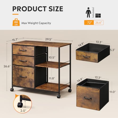 DEVAISE 3-Drawer Mobile File Cabinet with Fabric Drawers, Rustic Brown Wood Grain - No Charging Station