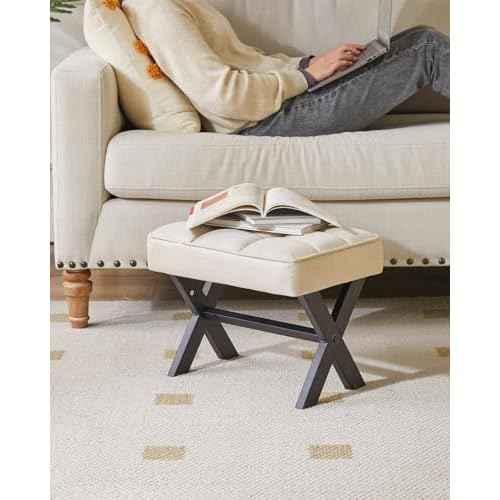 IBUYKE Small 12" H Footrest Stool, Square Linen Foot Stool with Metal X-Leg, Multi-Use as Small Side Table, Step Stool for Living Room, Bedroom, Entryway, Office, Linen WBD011Y