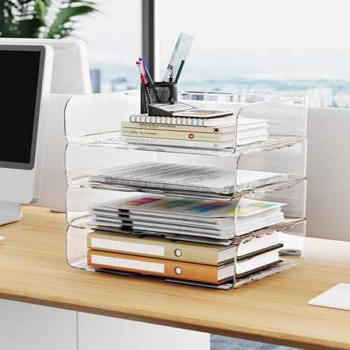 Tomorotec Desk Letter Tray Set, A4 Size Clear PET Stackable Document Organizer Office Desktop File Paper Holder Book Storage Rack Side Load Anti-Skid Stacking Support Convex Bottom (4X Landscape)