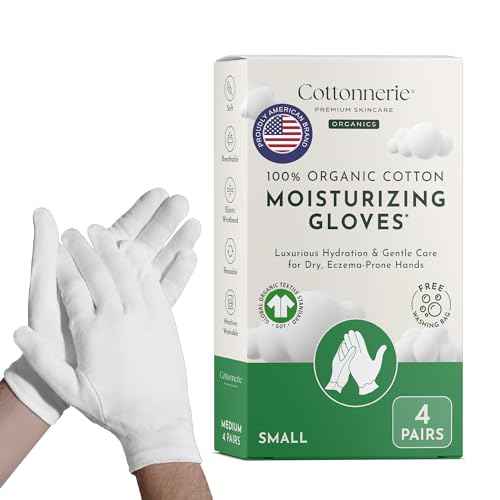 4 Pairs Cottonnerie Organic Cotton Gloves for Dry Hands Sleeping, Moisturizing Gloves Overnight, Hand Moisturizer Gloves, Moisture Gloves for Dry Hands Overnight, Sleeping Gloves, Small
