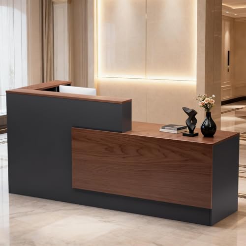 Yorkgargen Walnut & Gray L-Shaped Reception Desk 71" with Lockable Drawers & Storage