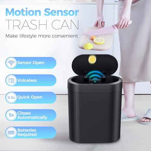 5 Gallon Bathroom Trash Can with Lid, Automatic Motion Sensor Black Trash Can, Touchless Slim Waterproof Garbage Bin for Kitchen, Bedroom, Office, and Bathroom