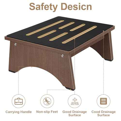 One Step Stool for Adults Seniors with Non-Slip Rubber Stepping Surface, 6.9" Portable Single Wooden Riser, 450 LBS Capacity for Bedroom Kitchen Bathroom, or Bedside, Senior Support (Brown)