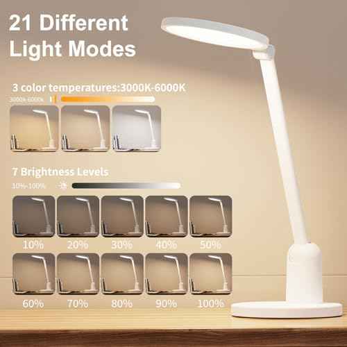 Desk Lamps for Home Office with Stable Base, 1000LM Ultra Bright Eye-Caring Desk Light, 3000K-6000K Dimmable Table Lamp with Stepless Dimming & Timing Function for Work, Reading, Bedroom, Bedside