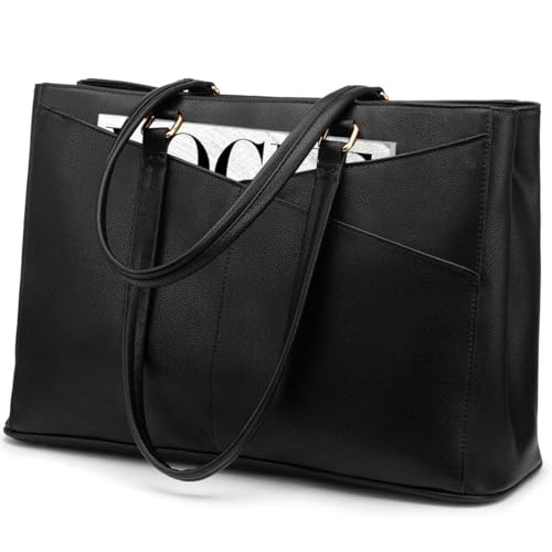 LOVEVOOK Black 15.6 Inch Waterproof Leather Laptop Tote Bag for Women Business & Office