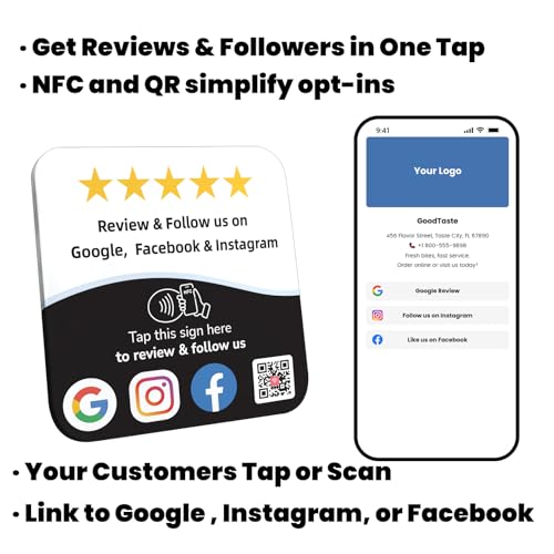 Review Tap Card & Social Media Sign NFC Plate ? NFC Review QR Code Sign compatible with Instagram & Facebook QR Code Follow Us ? Tap or Scan Business Rating Display with Stand & Adhesive ? No App/Fees