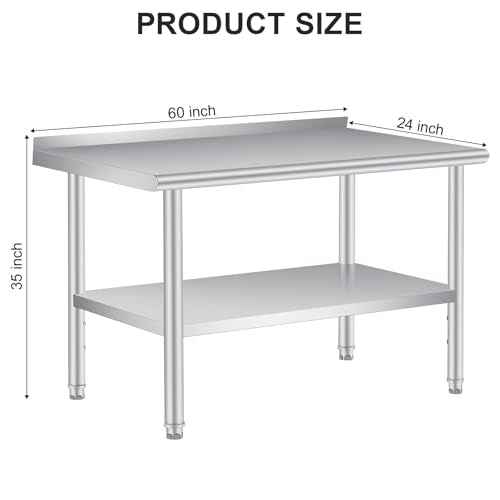 Stainless Steel Table for Prep & Work with Backsplash 60 x 24 Inches Commercial Heavy Duty Kitchen Worktable with Adjustable Under Shelf for Restaurant Business Home Outdoor