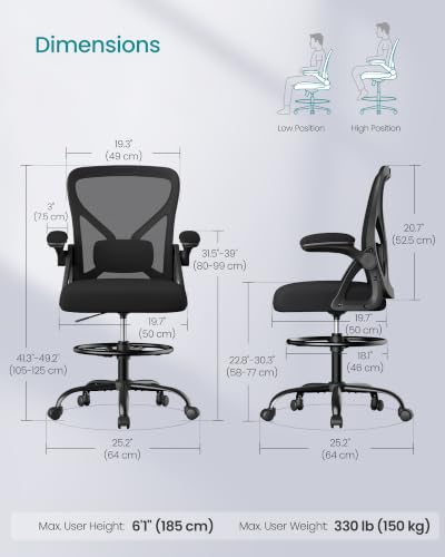 SONGMICS Tall Drafting Office Chair for Standing Desks, Ink Black, Ergonomic Lumbar Support