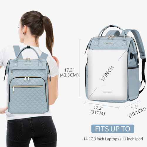 EMPSIGN 17 Inch Laptop Backpack for Women, Work Business Travel Computer College Bags, Large Capacity Water-repellent Quilted Casual Daypack with USB Port, Light Blue