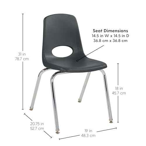 FDP 18" School Stack Chair, Stacking Student Seat with Chromed Steel Legs and Nylon Swivel Glides; For In-Home Learning, Classroom or Office - Black (4-Pack), 10384-BK