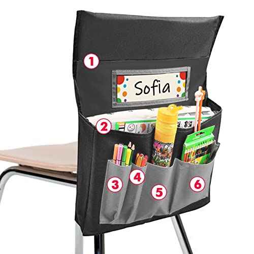 Black Chair Back Pocket School Seat Chair Storage Pocket Organizer with Label Slot Multiple Pockets for School Home Classroom Preschool Daycare