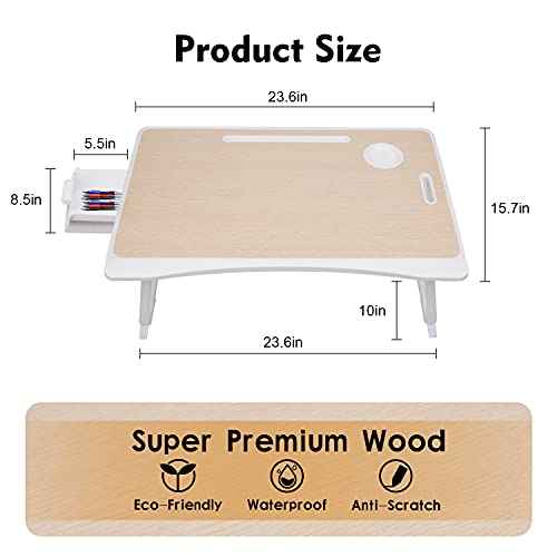 Amaredom Laptop Bed Desk Tray Bed Table, Foldable Portable Lap Desk Notebook Stand Reading Holder with Storage Drawer and Cup Holder for Eating Breakfast on Bed/Couch/Sofa-White Oak