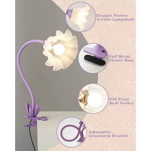 Flower Desk Lamp with Clamp - School Dorm Supplies, 3 Color Modes Flower Eye-Caring Clip on Light, Flexible Gooseneck Reading Lamps for Home College Studying Room Bedside (Purple)