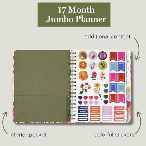 2025-2026 Jumbo Planner Daily Weekly & Monthly, 17 Month Hardcover Agenda Dated Aug 2025-Dec 2026, Cute Planner with Stickers, Pockets, & Spiral Binding, Meadow Bouquet Seedpearl