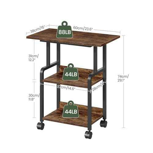 23.6-in Printer Stand with Storage, 3-Tier Printer Table for Home Office, Printer Cart Under Desk Storage, Suitable for Study, Kitchen, Living Room, Rustic Brown and Black TPS02BF