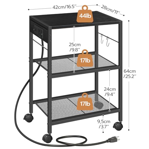 HOOBRO Industrial Printer Stand, 3-Tier Mobile Printer Table, Rolling Cart with Power Outlets and USB Ports, Home Printer Stand with 2 Hooks, for Office, Living Room, Black BB22UPS01