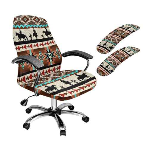 Aztec Cactus Print Office Chair Cover with Armrest Covers, Western Cowboy Printed Office Chair Slipcovers with Button, Elastic High Back Chairs Slipcover, L