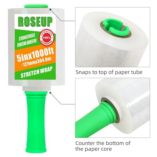 ROSEUP Heavy Duty Clear Stretch Wrap Film 5"x1000ft Roll with Handle - 4 Pack