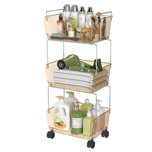 FOLLOWIN 3-Tier Rolling Utility Cart,Plastic Storage Cart with Wheels,Movable Storage Cart Organizer for Living Room,Kitchen,Bathroom,Pantry,Nursery,Amber