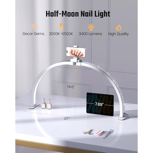 Half Moon Light for Nail Desk, Foldable Arch Nail lamp for Desk with Rhinestones,CRI¡Ã90 LED with Phone Holder, Shadowless Table Lamp Perfect for Manicure Handicraft Lighting,White