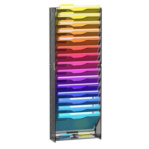 Wall File Organizer, 16-Tier Mesh File Holder, Vertical Document Rack For Home, School, and Office Use (Black)