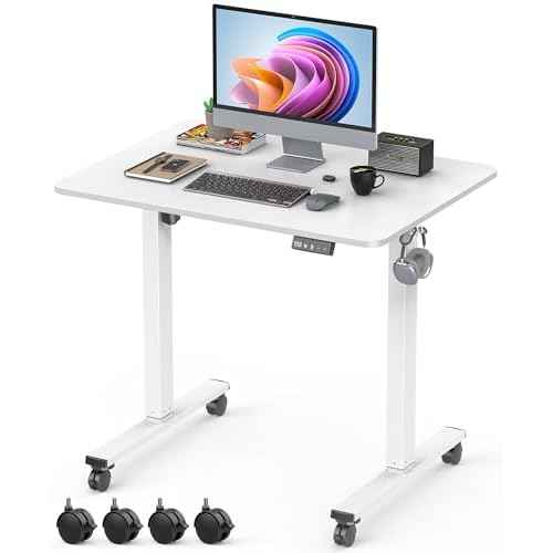 Small Height Adjustable Electric Standing Desk, 31.5" x 23.6" Sit Stand up Desk with Splice Board, Ergonomic Rising Computer Home Office Desk Table with Memory Preset, White Frame/White Top
