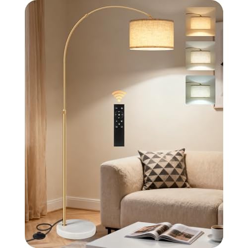 75" Arc Floor Lamp with Marble Base and Adjustable Height, Rotating Hanging Shade, Dimmable Gold Floor Lamp for Living Room with Remote and Foot Switch, 3 Color Temperatures, Timer, DE15LD05