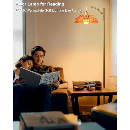 Glass Floor Lamp for Living Room, Standing Lamp with Remote, Dimmable Tall Lamps with Orange Glass Shape, Mid Century Modern Floor Lamps for Bedroom, 12W LED Bulb Included