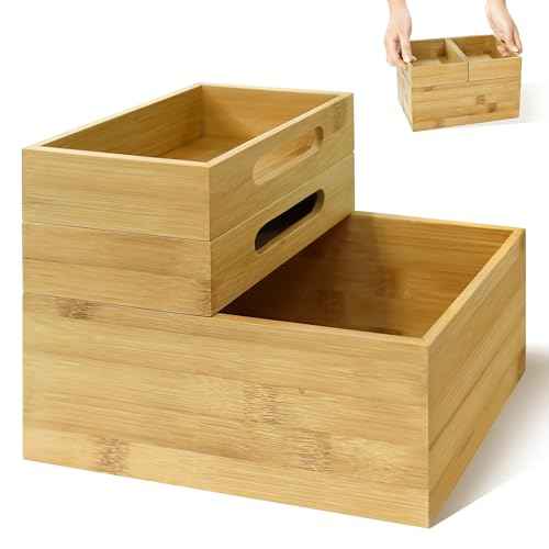 HOMESTEAD 3-Piece Stackable Bamboo Storage Box, Office Desk Organizer, Wooden Boxes for Makeup Drawer Organizer Bathroom, Office Supplies, Kitchen Utensils, Bamboo Storage Containers, Jewelry Tray