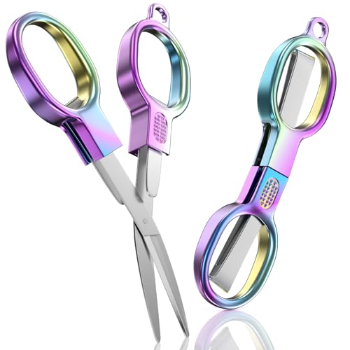 2 Pcs Folding Stainless Steel Portable Mini Travel Scissors, Safety Foldable Pocket Badge Small Scissors All Purpose for Travel, Home, Office, Craft, Sewing, Nurse Accessories