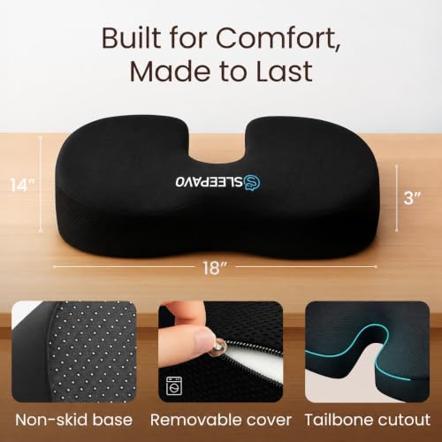 Sleepavo Office Chair Cushion Black - Coccyx Tailbone Pain Relief, 18x14x3 in