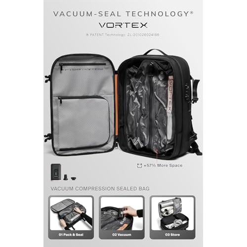 Vortex Vacuum Seal Travel Backpack 60L Expandable Air Compression System Water Resistant TSA Lock Carry-On Suitcase Luggage Black AERO - Vacuum Pump Included