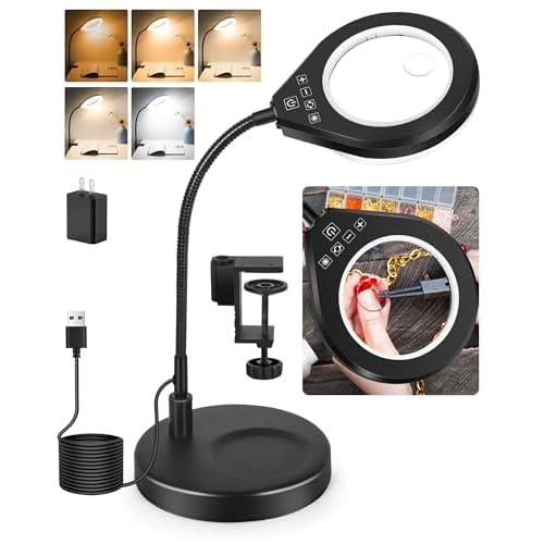?Flexible Gooseneck 2-in-1 Magnifying Glass with Light and Stand,10x & 5x Real Glass Lens Magnifying Lamp, 5 Color Stepless Hands-Free LED Desk Lamp with Clamp for Painting, Crafts, Reading (White)