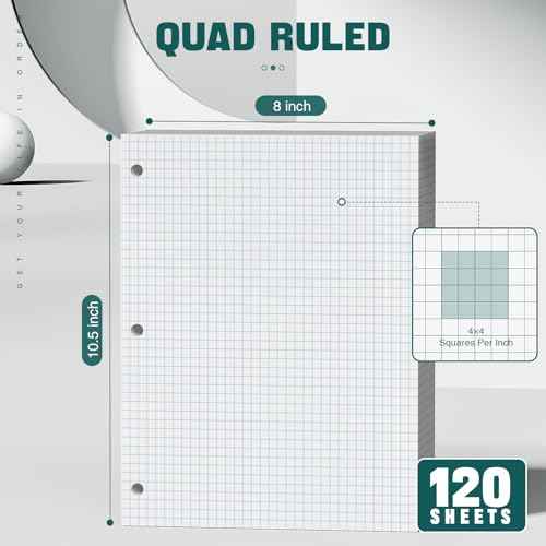 Loose Leaf Graph paper 8 x 10.5, Graph Ruled Paper, 3 Hole Punched Paper, 4 x 4 Quad Ruled Graph Paper, 10-1/2" x 8" Filler Paper Notebook Paper, 120 Sheets Graphing Paper for Business Home School