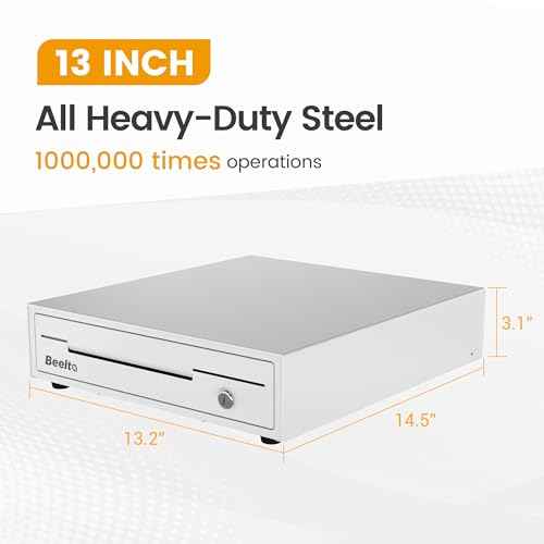 13" Cash Rigister Drawer for Small Business, 4 Bill/5 Coin with Check Slot, Steel Construction, Works with POS (Includes Keys & RJ11/12Cable) - White BK1313S