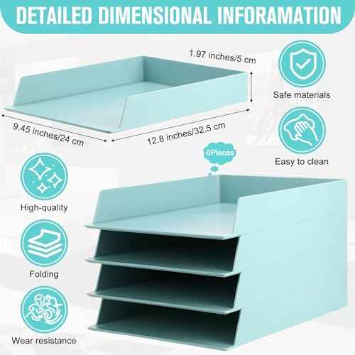 Tatuo 6 Pack Stackable Paper Trays Plastic Letter Tray Desk Organizer Paper Holder Organizer Storage Office Desk Accessories for Classroom Magazine File Documents 12.8 x 9.45 x 1.97, Blue Green