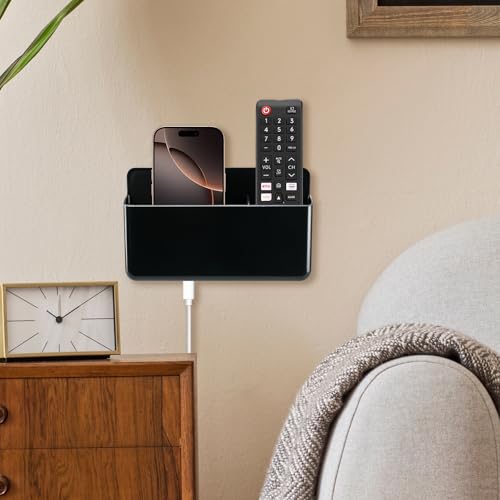 Black 3 Slot Adjustable Wall Mount Remote Control Holder with Phone Charging Slot