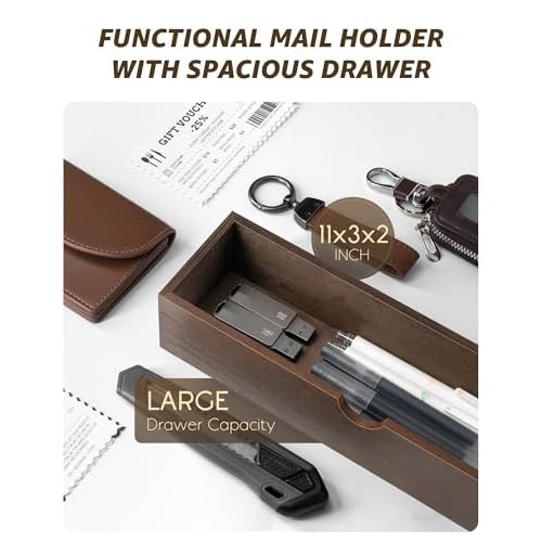 Rebee Vision Farmhouse Wood Mail Organizer Wall Mount - Key and Mail Holder for Wall with Storage Drawer and 7 Key Hooks - Rustic Home Decor for Entryway, Office and Garage (Retro Brown)