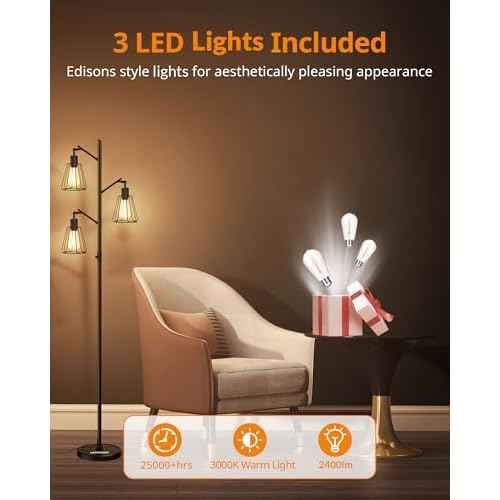 LEPOWER Industrial Floor Lamp, 3 x 800LM LED Edison Lamps Included, Floor Lamp for Bedroom with 90¡Æ Multi Head, Dimmable Floor Lamps Black for Office, Bedroom, Farmhouse Decor