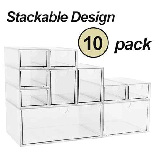 Acrylic Makeup Organizer, 10 Drawers Clear Storage Organizer Desktop Stackable Storage Drawers, Plastic Organizer Bins for Makeup, Stationery, Cosmetics, Vanity, Bathroom,Cabinet,Pantry Office Desk