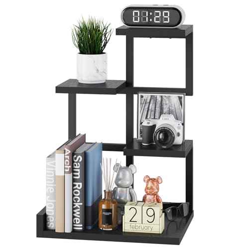 YMYNY Desktop Shelf Organizer, 4 Tier Storage Display Rack, Desk Shelf Organizer Small Bookshelf with Metal Frame for Office, Books, Plants, 12.2" x 9.45" x 17.52", Black UHSR007B