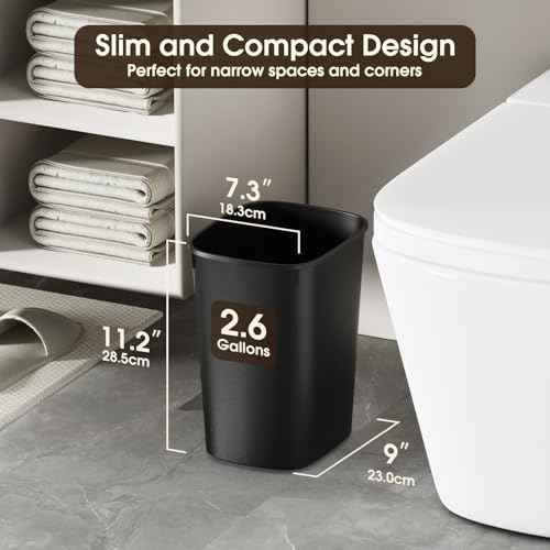 CEROELDA Small Bathroom Trash Can, 2.6 Gallon Slim Mini Garbage Can Small Trash Bin Plastic Waste Basket for Dorm Room, Bedroom, Office, Toilet (Black)