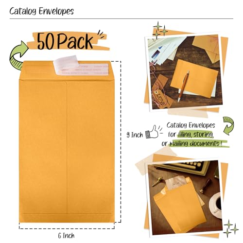 ACSTEP 6x9 Catalog Envelopes 50 Pack Brown Kraft Self-Seal Mailing Envelopes