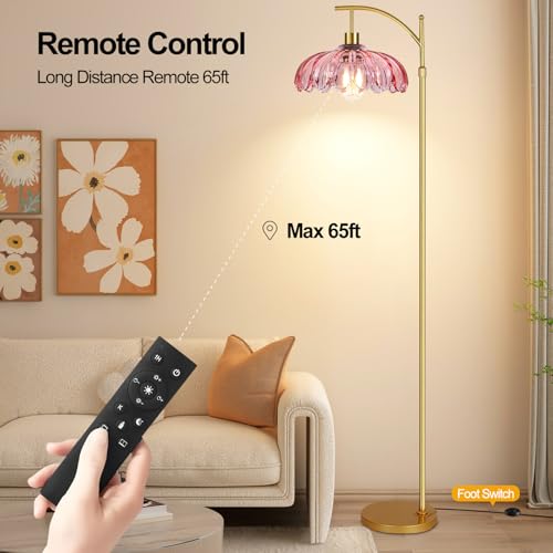 QIYIZM Pink Floor Lamp 4 - Dimmable Tall Arc Lamp with Remote & Adjustable Height, Mid Century Modern Boho Brass Lighting for Living Room & Bedroom