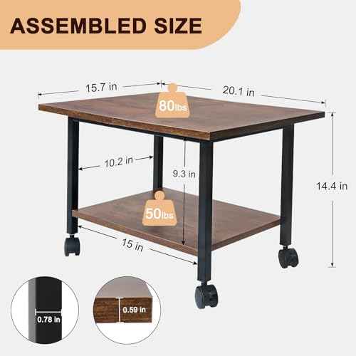Printer Stand, Under Desk Printer Table with Wheels, 2 Tier Industrial Mobile Printer Table with Storage Shelf, Rolling Printers Cart Holder for Home, Office, Rustic Brown and Black