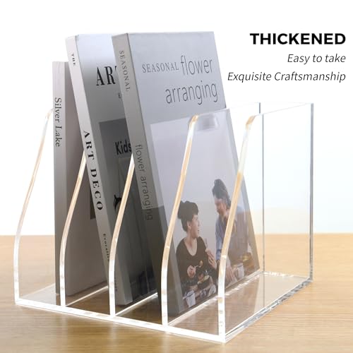Acrylic Magazine File Holder, 4 Vertical Compartments Desk Document Sorter Organizer, Clear Folder Rack Binder for Office/Home/Classroom, for Documents, Tablet, Magazines, Books & Accessories