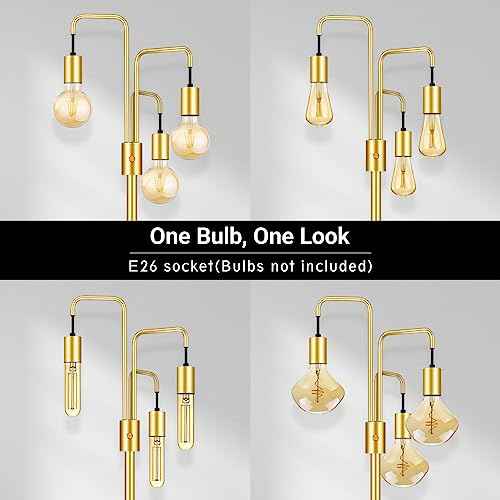 BoostArea Industrial Floor Lamp for Living Room,Gold Modern Standing Lamp Stand Up Lamp with 3 Light, Bulbs Not Included,Simple Design Floor Lamp for Bedroom, Living Room, Office, Kids Room, Reading