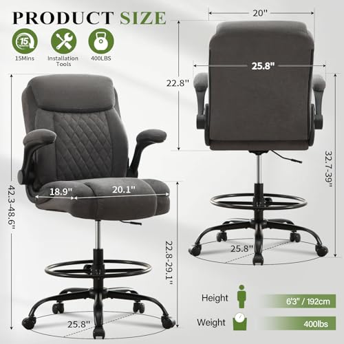 MAHOMICO Grey Drafting Chair Tall Office Chair for Standing Desk, Ergonomic with Foot Ring & Lumbar Support