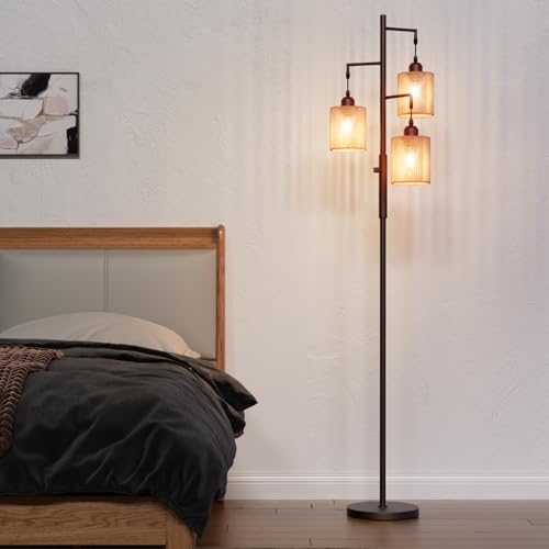 Hotsonic 72" Tall Boho Floor Lamp, Dimmable Standing Lamp with Handcrafted Rattan Shade, Industrial Tree Floor Lamps for Living Room, Bedroom, Study Room, Office (3 x 800LM LED Bulbs Included) - Brown