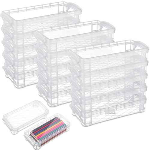 Gueevin 24 Pcs Large Capacity Plastic Pencil Box Clear Plastic Pencil Case Crayon Box with Snap Tight Lid Watercolor Pen Storage Brush Organizer Drawing Tools Container (White)